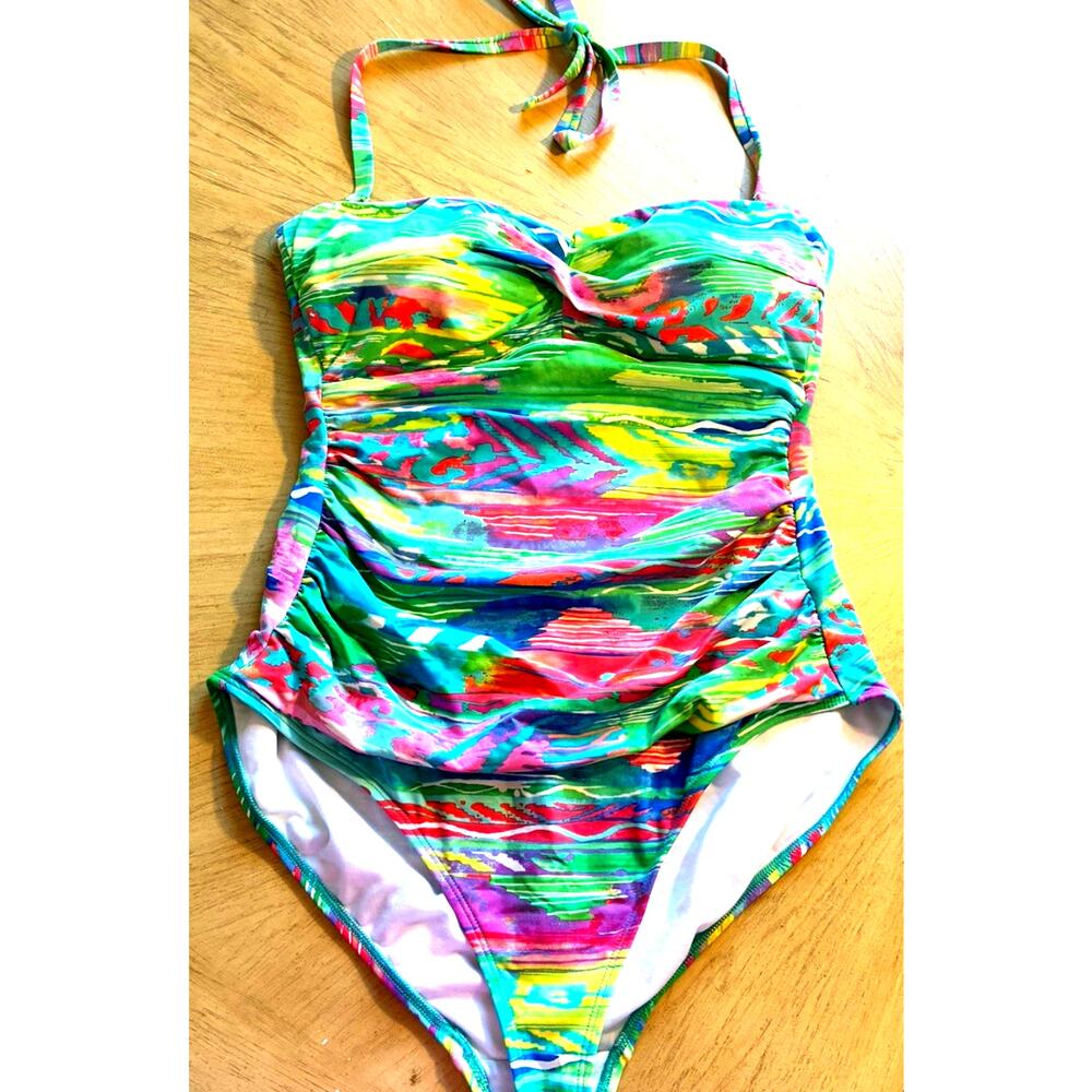 VTG Lauren Ralph Lauren One Piece Swimsuit 14 Abstract Aztec Boho Ruched Bandeau